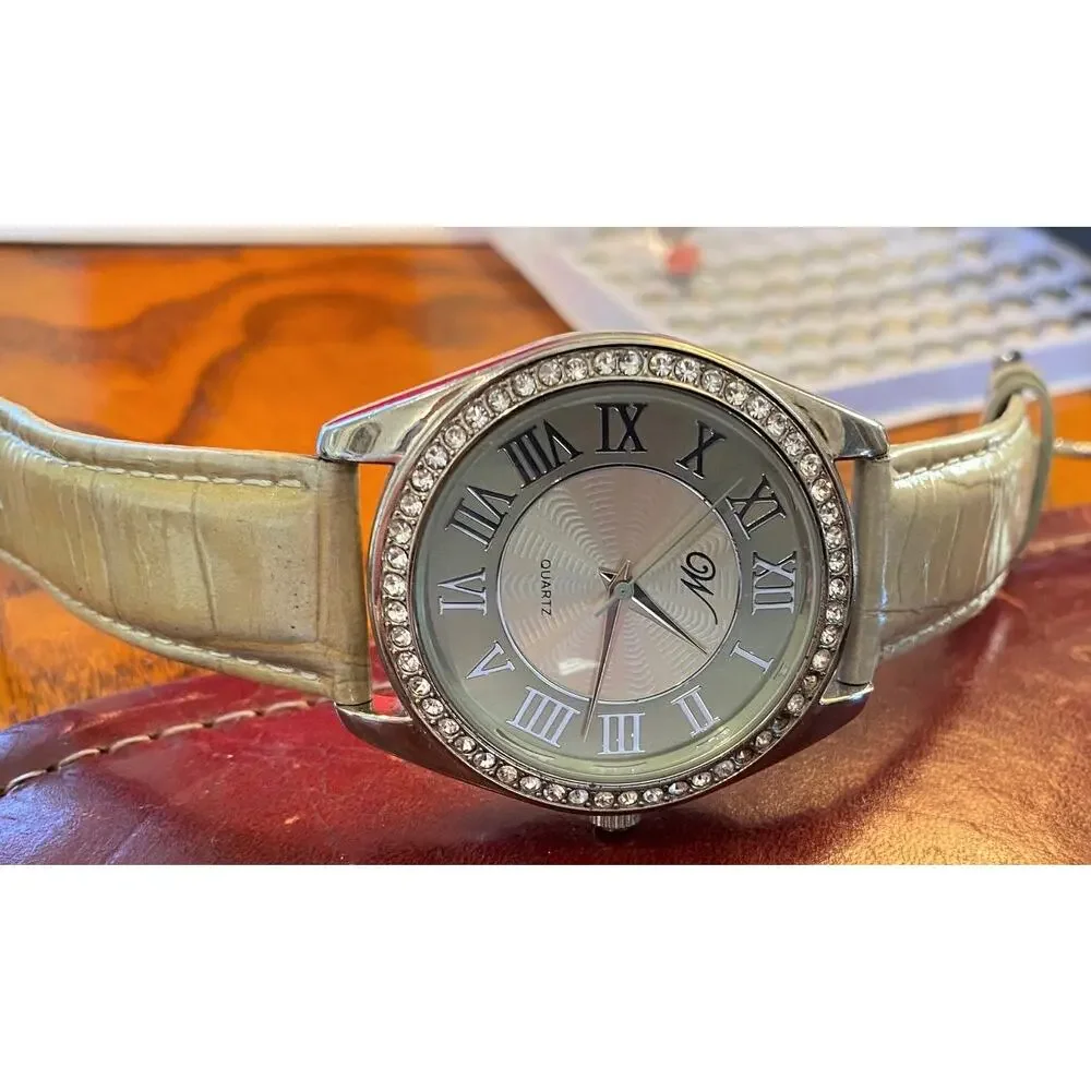 Woman's W by Waltham Watch, Silver Tone and Rhinestone Bezel, Leather Band